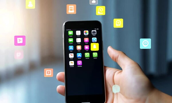 A hand holding a smartphone displaying various app icons and digital elements.