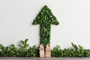 Fototapeta premium Green arrow pointing up with houses symbolizing sustainable real estate growth