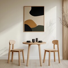 Minimalist dining room interior with wooden chairs and table, abstract art print