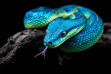 Obraz premium Close-up view of a vividly colored snake in shades of blue and green with intricate scale patterns, coiled on a branch, set against a dark background, symbolizing nature's beauty. Ai generative