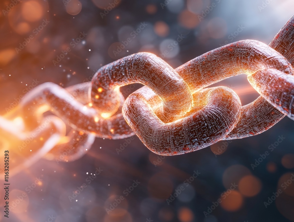 Poster close-up view of glowing metallic chain links with sparkling effects on a dark background