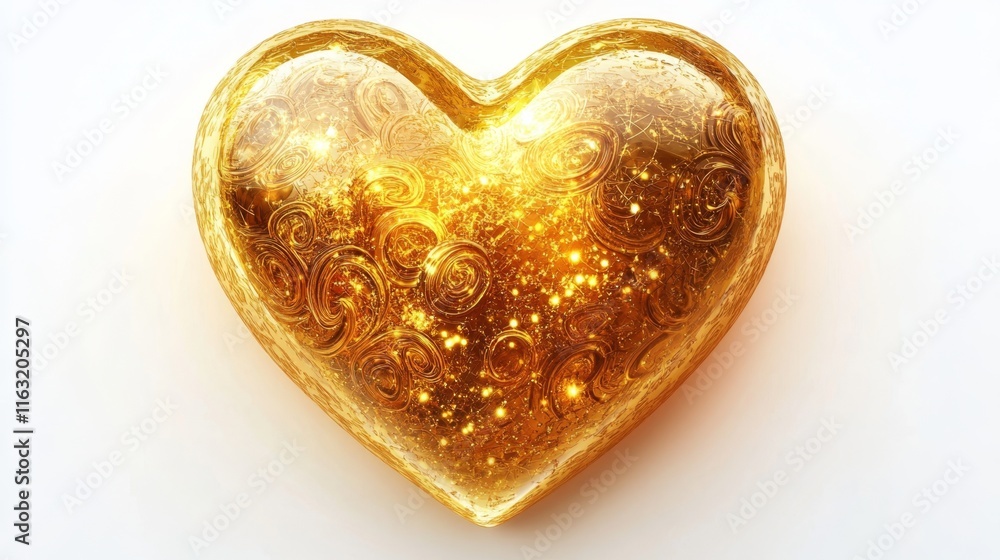 Poster glowing golden heart with intricate patterns surrounded by sparkles on white background for banners