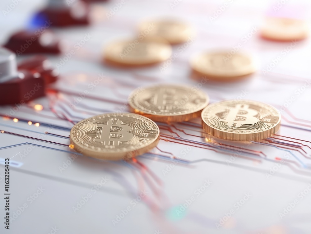 Poster digital cryptocurrency coins on circuit board with glowing lights, representing blockchain technolog