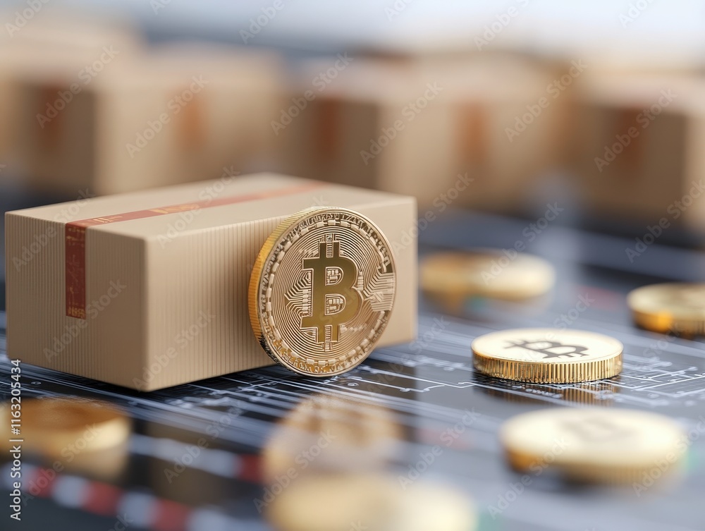 Poster gold bitcoin coin on stacked boxes against financial graph with digital coins in background