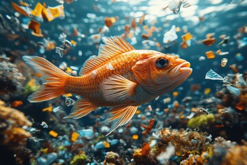 Fototapeta premium Vibrant Fish Among Microplastics in Underwater Scene