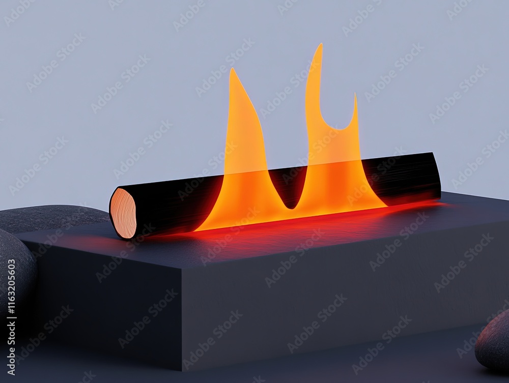 Poster flaming log on a minimalist surface with smooth gray background and soft lighting effect
