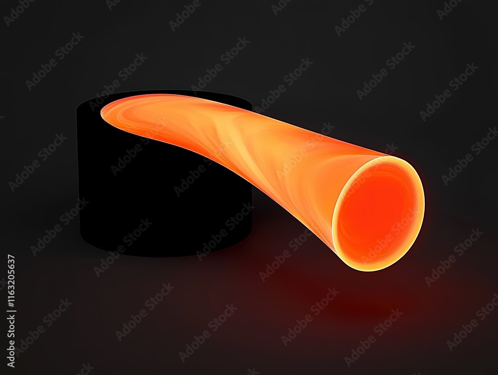 Poster glowing flowing orange element emerging from dark cylinder with smooth gradient and soft light effec