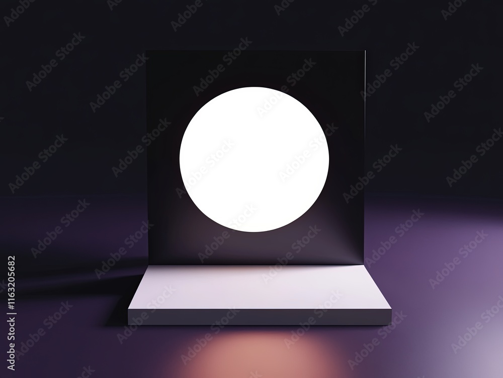 Poster minimalist design with geometric shapes and bright circular light in dark background for modern aest