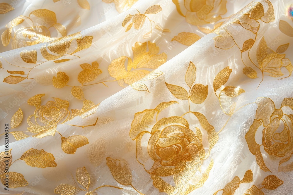 Poster elegant golden rose patterned fabric draping softly across a surface, catching light beautifully in 