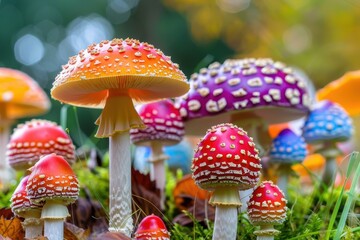 Obraz premium Colorful mushrooms thrive among vibrant wildflowers under gentle sunlight in a serene botanical garden setting during late spring