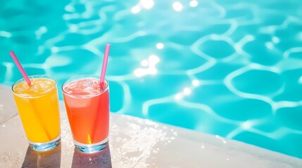 Two colorful drinks with straws on the edge of an outdoor pool, capturing summer vibes