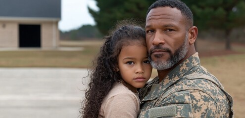 Fototapeta premium Soldier father embraces his daughter after returning home.