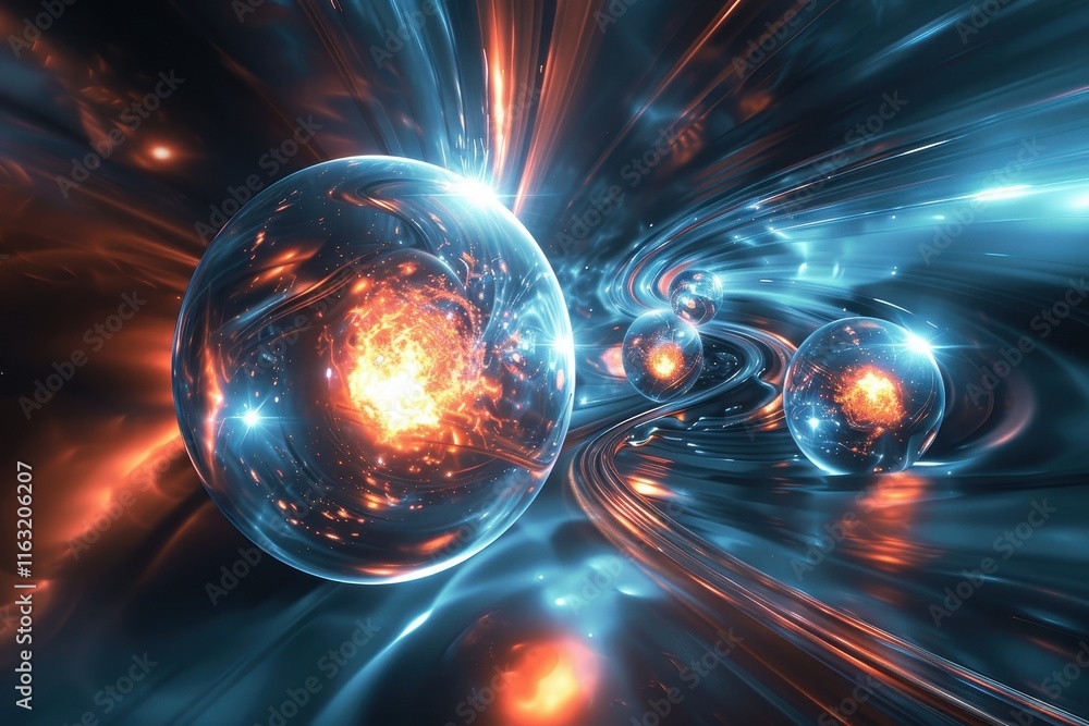 Poster Vibrant cosmic spheres burst with energy and light in a dynamic display of color, emphasizing the wonders of space and time in an abstract composition