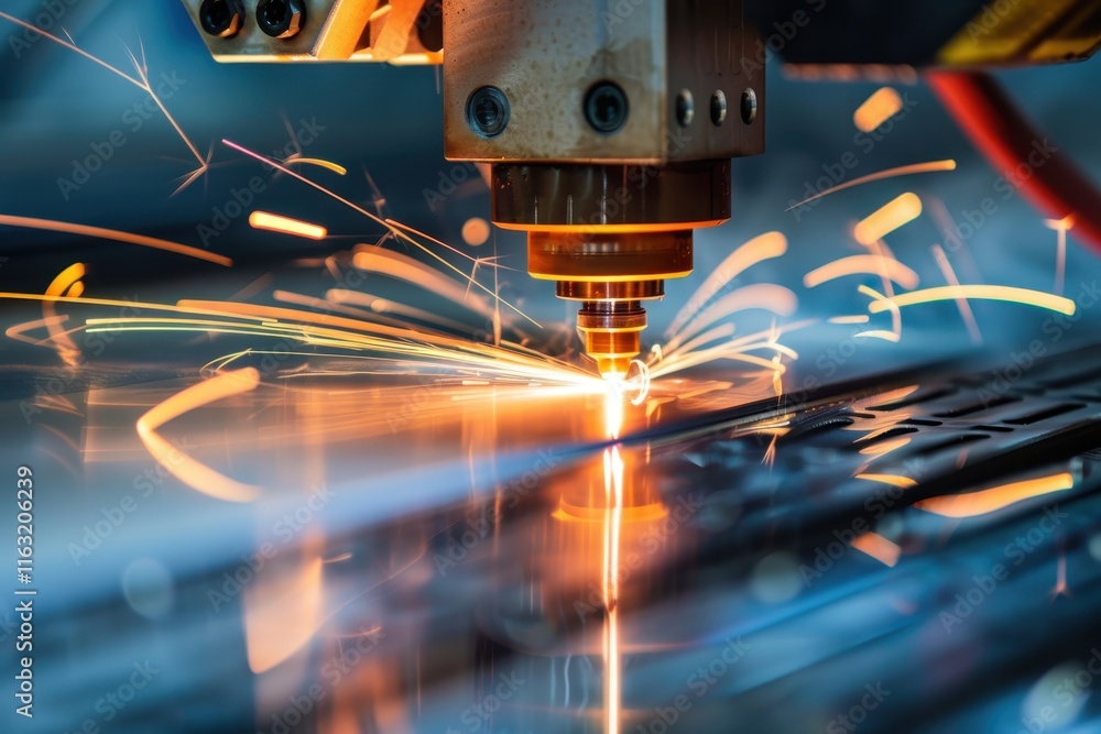 Aufkleber laser cutting process in a modern workshop creates intricate designs on metal sheets with vibrant sp