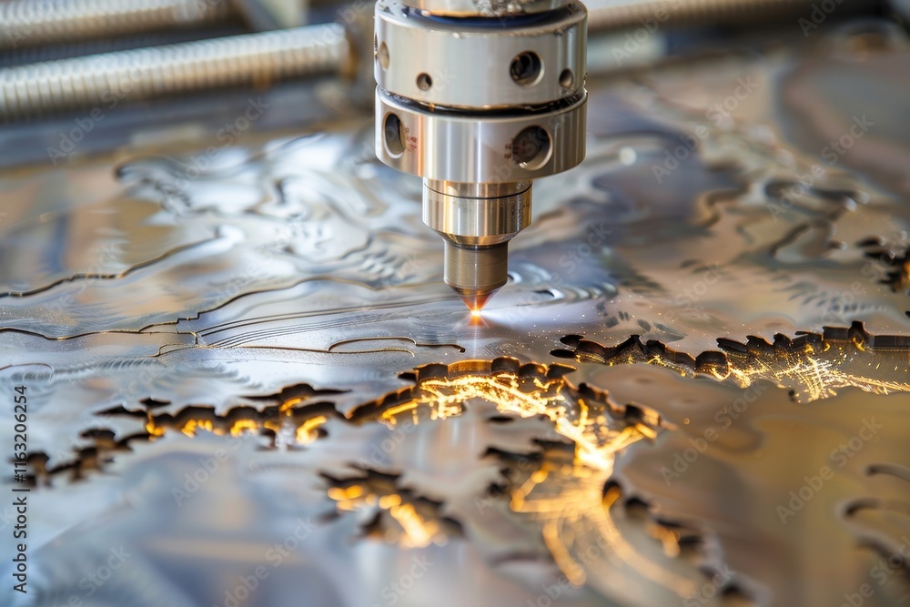 Poster laser cutting process in a modern workshop creates intricate designs on metal sheets with vibrant sp