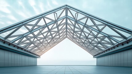Intricate metal framework forms modern architectural marvel. Geometric design creates support structure. Empty space beneath large skylight suggests large hall exhibition center. Modern industrial