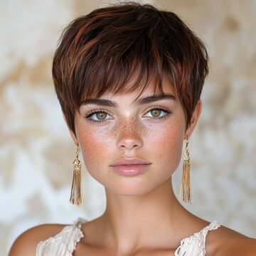 Close-up portrait of a young woman with a short pixie haircut and freckles