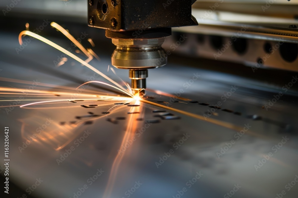 Aufkleber laser cutting process in a modern workshop creates intricate designs on metal sheets with vibrant sp