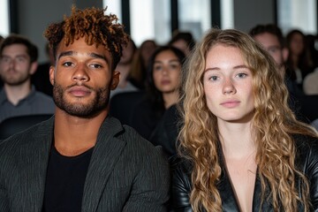 Young diverse couple sitting in audience at conference