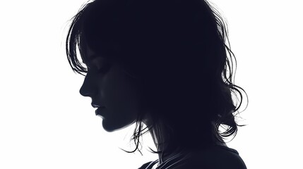 Silhouette of an adult woman with shoulder-length hair, seen from the side on a white background, looking down and wearing casual clothes