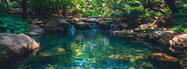 Fototapeta premium Serene Waterfall in Lush Green Forest