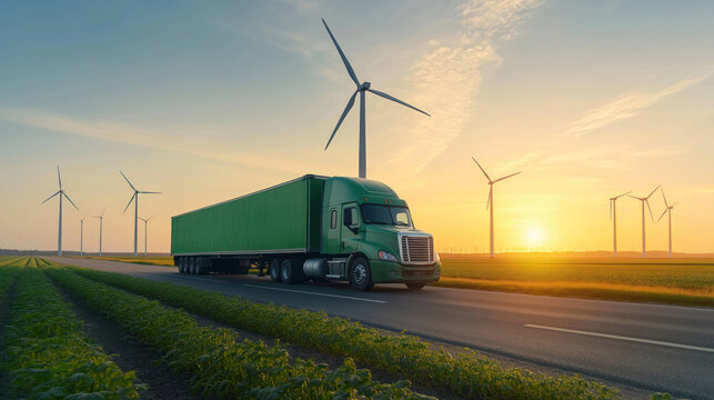 Green truck moves on road. Renewable energy wind turbines stand in green field. Eco friendly transport concept. Sustainable supply chain. Eco solution for sustainable logistic. Responsible resource