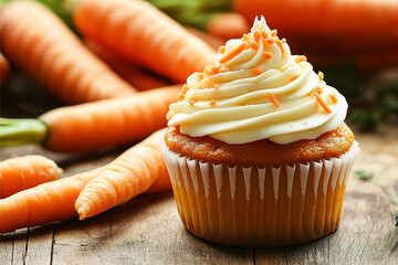 A close-up view of a delicious carrot-flavoured cupcake. (Generative AI) 