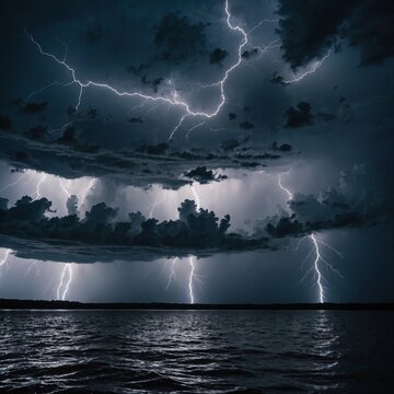 A dramatic storm rolling over a lake, with lightning bolts illuminating the dark, choppy waters.
