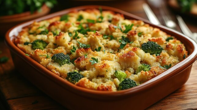 Cheesy stuffing casserole with broccoli. Perfect Thanksgiving side dish. Homemade and delicious. Festive and flavorful. Cozy gathering food. Traditional holiday meal. Family celebration.