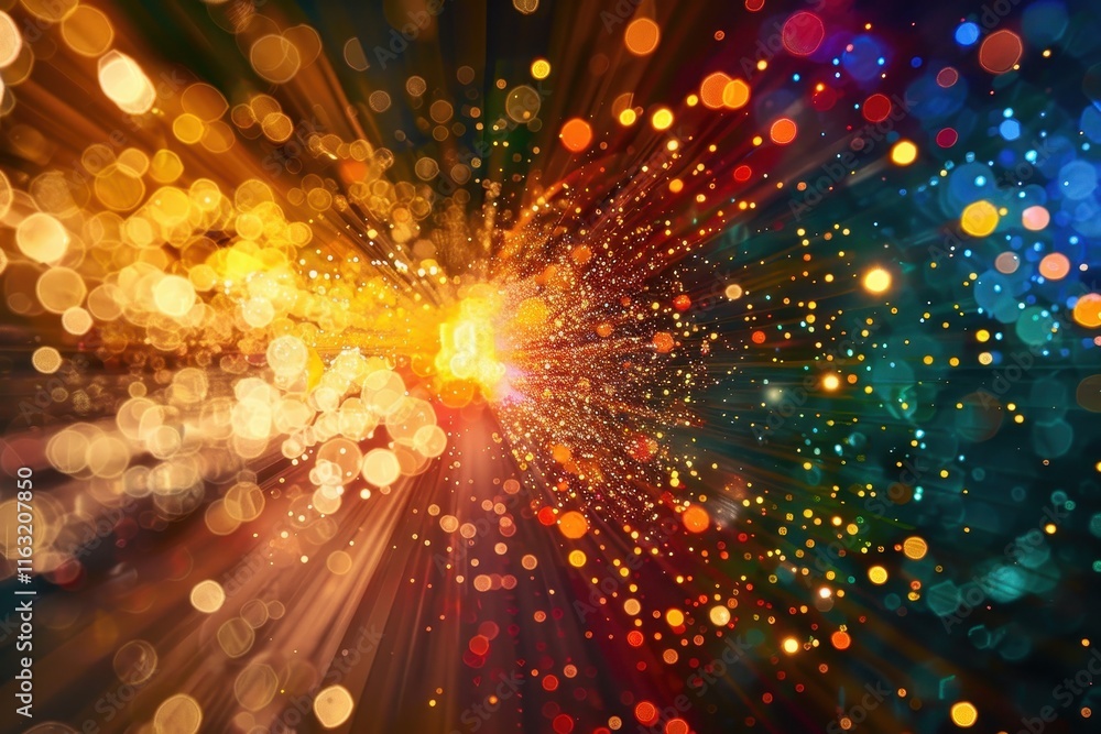 Poster colorful burst of light with vibrant bokeh effects created by sparkles and shimmer against a dark ba