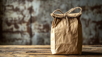 Obraz premium Craft paper bag on rustic wooden table with textured background