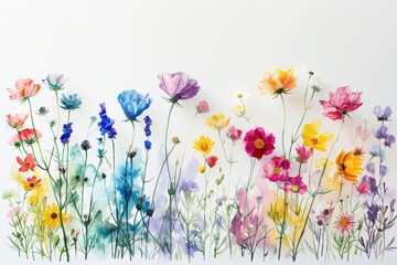 Vibrant watercolor depiction of wildflowers in a colorful garden setting during springtime