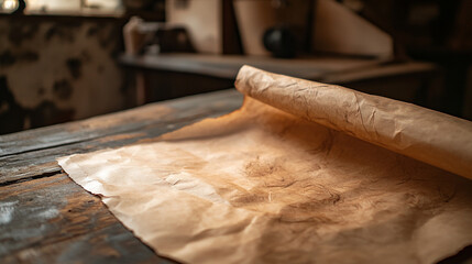 Old parchment unrolling on a wooden table in a rustic workshop setting