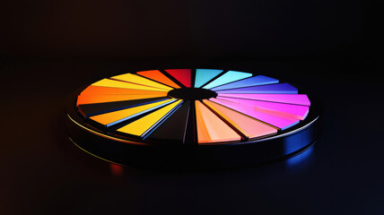 Obraz premium A creative radial chart with glowing, gradient-filled sections, designed on a polished black reflective circular base.