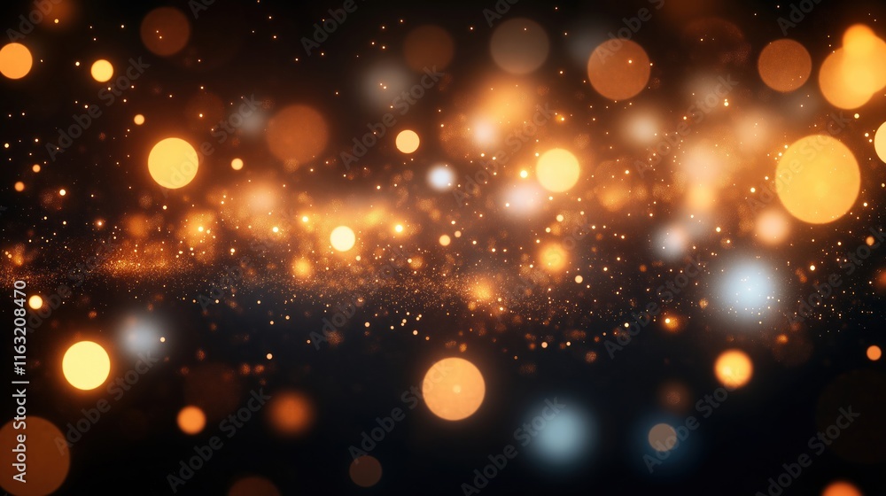Poster warm golden bokeh lights float against dark background creating cozy, festive atmosphere. glowing li