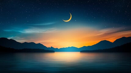 A serene twilight landscape featuring a crescent moon over calm waters, with mountains silhouetted against a vibrant sunset.