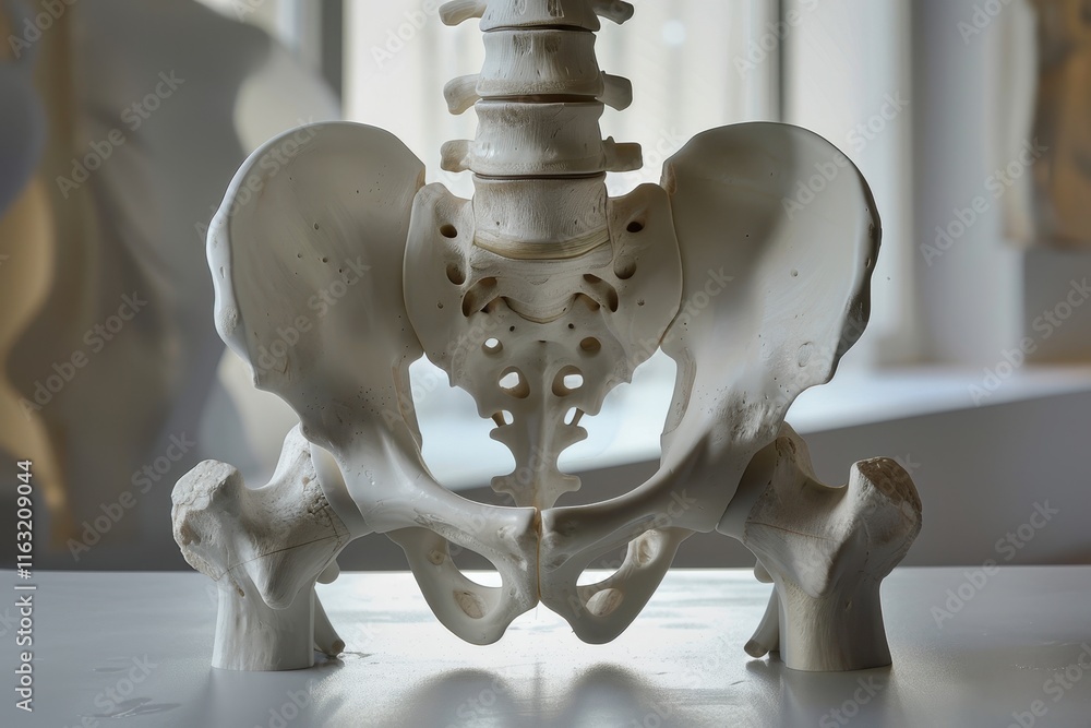 Poster study of human skeletal structure featuring a detailed pelvis model in a well-lit anatomical classro