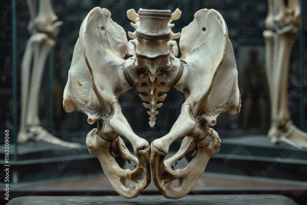 Poster study of human skeletal structure featuring a detailed pelvis model in a well-lit anatomical classro