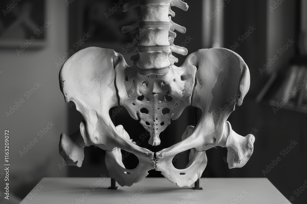 Poster study of human skeletal structure featuring a detailed pelvis model in a well-lit anatomical classro