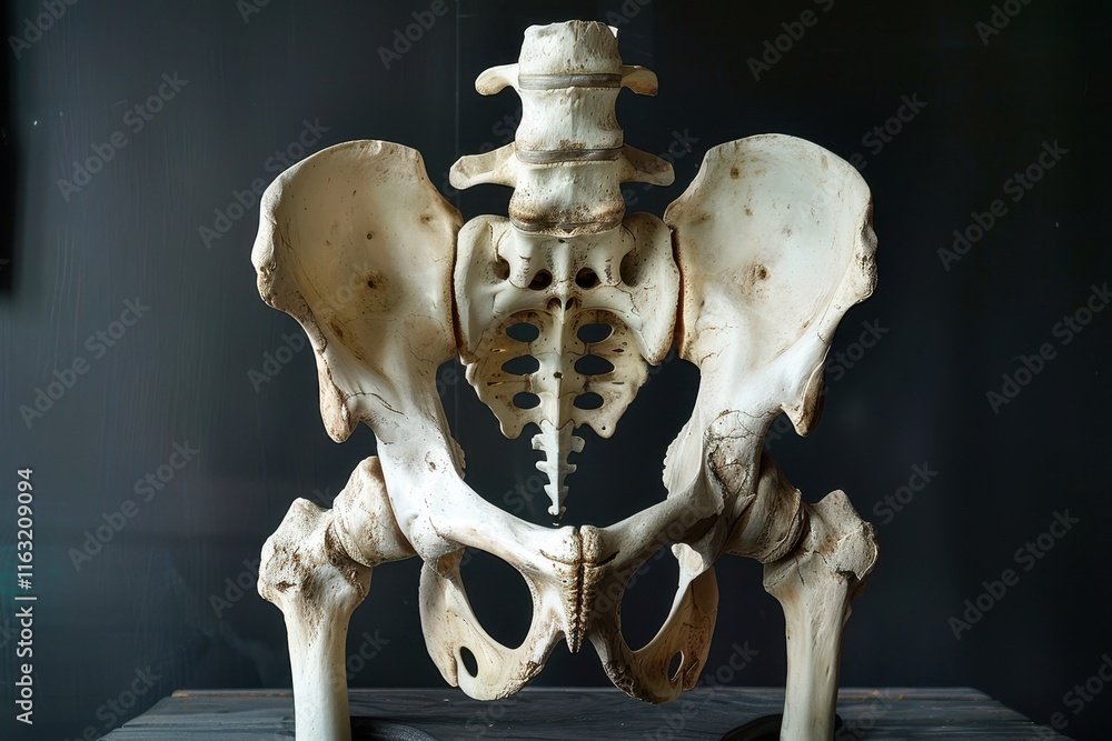 Poster study of human skeletal structure featuring a detailed pelvis model in a well-lit anatomical classro