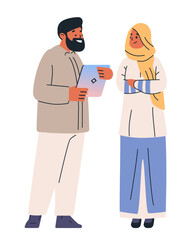 Business meeting two people discussing tablet technology communication professional attire neutral colors