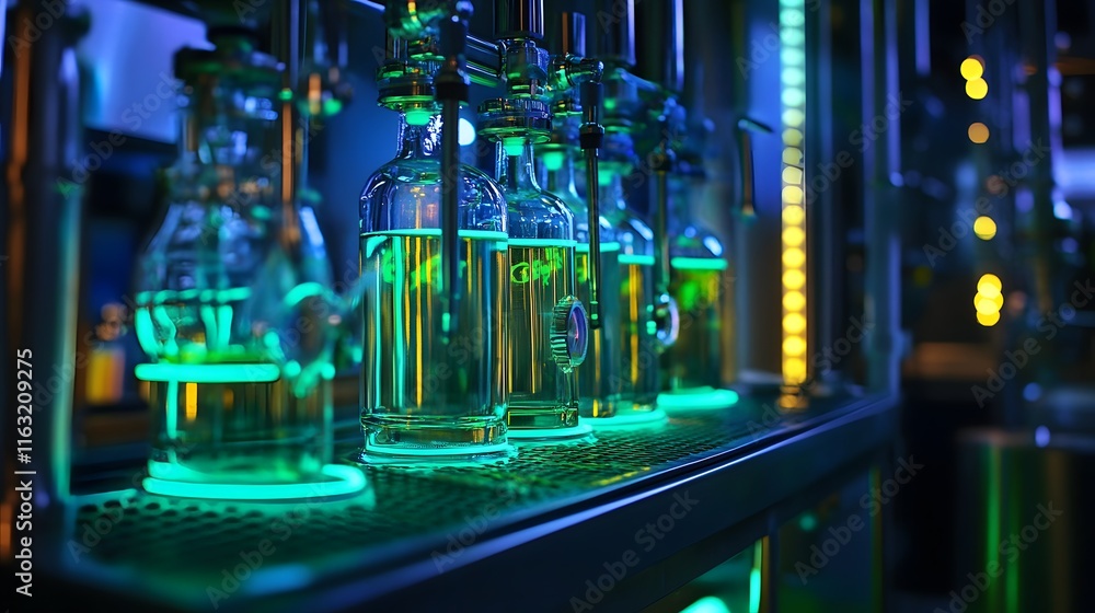 Poster a row of green bottles with neon lights on them. the bottles are lined up on a counter