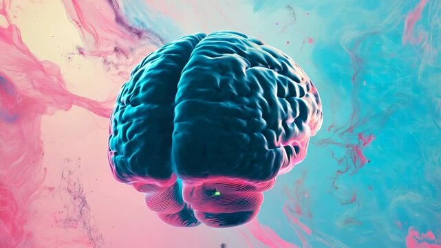 Brainpower in a Vivid World: A 3D rendered human brain floats against a mesmerizing backdrop of vibrant, abstract colors, symbolizing the power and complexity of the mind. 