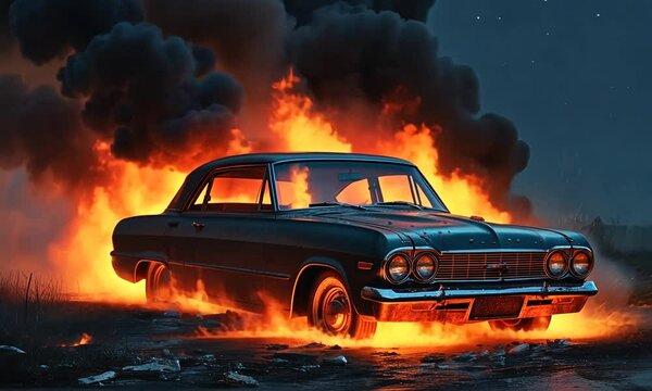 Burning vintage car engulfed in intense orange flames on a street