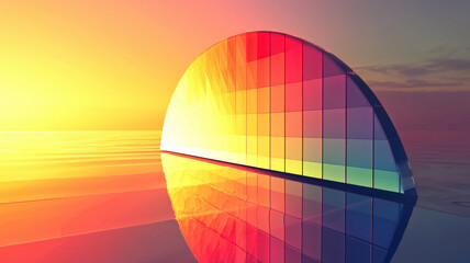 A creative sunburst chart with radiant, glowing segments in vibrant gradients on a polished reflective base.