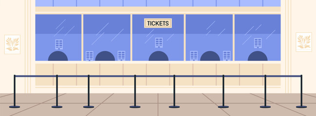 Ticket booth scene empty queue barriers blue windows