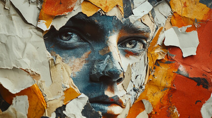 Artistic expression through a layered collage featuring a woman's face among textured paper