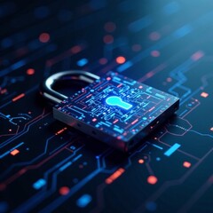 High-tech digital padlock with glowing blue screen and futuristic interface on a sleek background, digital lock, online access