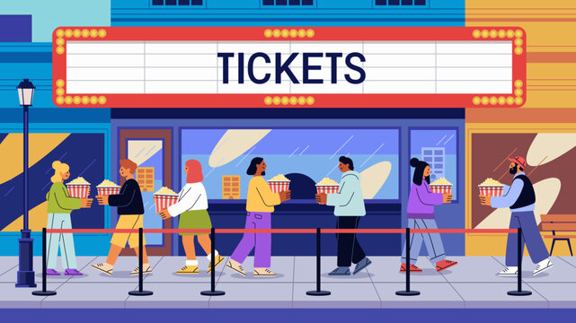 People in line at cinema entrance colorful illustration. Individuals holding popcorn walk towards theater entrance under marquee. Urban setting bright colors