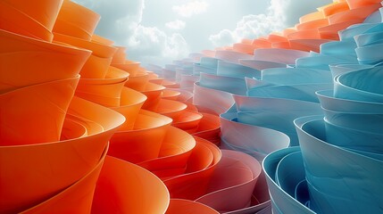 Obraz premium 3d render, paper ribbon rolls, abstract shapes, fashion background, swirl, pastel neon scrolls, curl, spiral, cylinder 